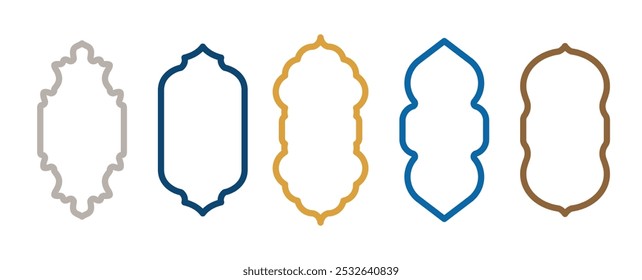 Set of Arabic and Moroccan window shapes, Islamic arches for mosque gates. Ramadan Kareem, Eid Mubarak outlines for labels and templates. Vector icons on transparent background. Flat, minimal style