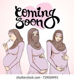 set arabic muslim pregnant woman in hijab prepared for maternity.