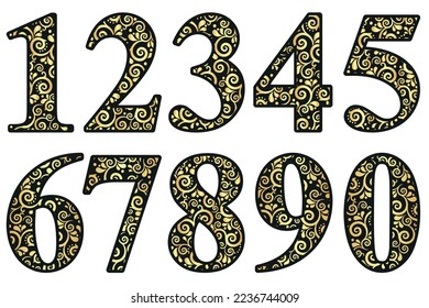 Set arabic numerals, decorated with vintage golden pattern, vector