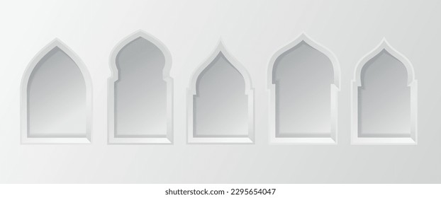 Set of Arabic style windows. 3d arabic arches. Architectural design elements for Muslim holidays. Collection of oriental style windows and arches. Realistic minimal style. Vector illustration