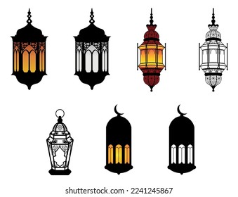 Set of arabic Vintage Decorative Lantens, Islamic Ramadan Eid Lamp Illustrations