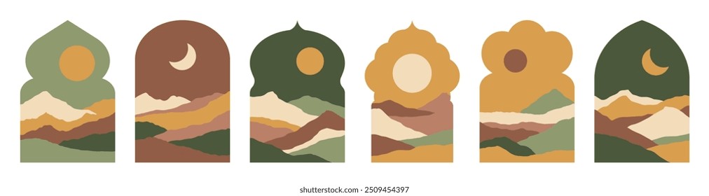Conjunto de ventana árabe con paisajes. Escenas orientales. Puertas de arco de Ramadán. Elementos arquitectónicos islámicos con paisajes de dunas. Marco con luna, desierto y montañas. conjunto de Ilustraciones vectoriales