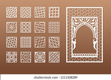 A set of Arabic window templates and 12 privacy panels for laser cutting. Design in oriental traditional style. Through cutting of paper, vinyl, plywood, wood.