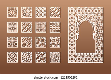A set of Arabic window templates and 12 privacy panels for laser cutting. Design in oriental traditional style. Through cutting of paper, vinyl, plywood, wood.