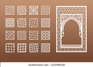 Un conjunto de plantillas de ventanas árabes y 12 paneles de privacidad para corte láser. Diseño de estilo tradicional oriental. A través del corte de papel, vinilo, contrachapado, madera.