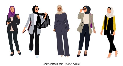 Conjunto de mujeres árabes en hijab vector plano ilustración realista. Colección de elegantes mujeres de negocios musulmanes con ropa de moda aisladas de fondo blanco. Muchachas sauditas vestidas con traje tradicional.