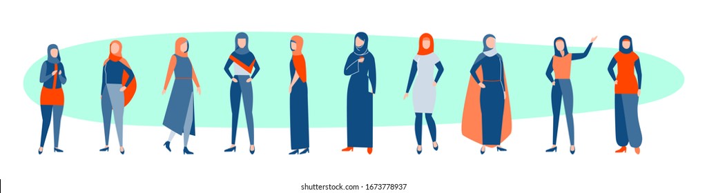 Set of arabic women concept. Collection of arabic women muslims in hidjab. Saudi girls stand in different traditional islamic clothes. Females from arabia wearing headscarf. Flat vector illustration