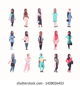 set arabic women in hijab different arab girls wearing headscarf traditional clothes female cartoon characters collection full length flat