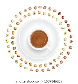 Set of Arabica and Robusta Coffee Beans with Various Stages of Roasting. Realistic 3d Vector Illustration of Coffe Grains Round Frame and Cup