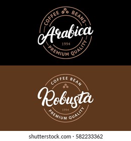 Set of Arabica and Robusta coffee hand written lettering logo, label, badge, emblem. Modern brush calligraphy. Vintage retro style. Isolated on black background. Vector illustration.