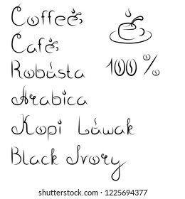 Set of Arabica, Robusta, Kopi Luwak, Black ivory. Coffee hand written lettering logo, label, badge, emblem. Vintage Arabic style. Isolated on black background. Vector illustration.