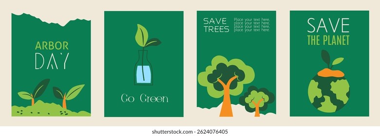 Set of Arbor Day template. Save trees illustration vector graphic with tree, leaves, earth, planet. Symbols of gardening on green background. Flat editable collection for poster, banner and cover.