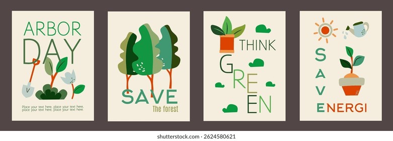 Set of Arbor Day template. Save trees illustration vector graphic with tree, leaves, equipment, typography. Symbols of gardening on white background. Editable collection for poster, banner and cover.