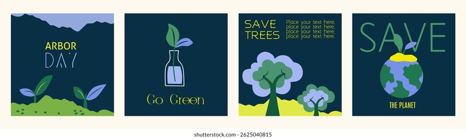 Set of Arbor Day template. Save trees illustration vector graphic with tree, leaves, earth, planet. Symbols of gardening on dark background. Flat editable collection for poster, banner and cover.