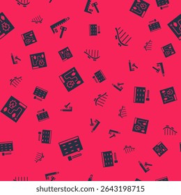 Set Arcade game machine, Striker attraction with hammer, Amusement park map and Roller coaster on seamless pattern. Vector