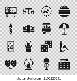 Set Arcade game machine, Sun protective umbrella, Hunt rabbit crosshairs, Stacks paper money cash, Firework rocket, Amusement park billboard and Fast street food cart icon. Vector