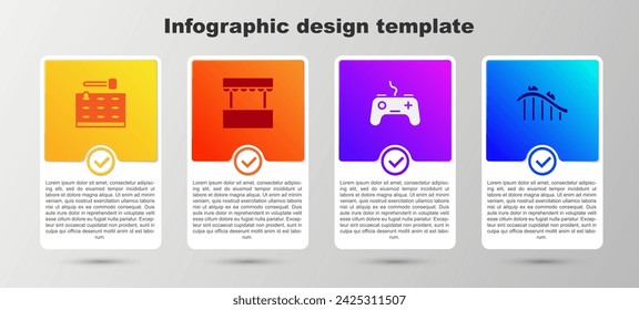 Set Arcade máquina de juego, taquilla, Gamepad y montaña rusa. Plantilla de infografía de negocios. Vector