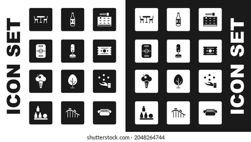 Set Arcade game machine, Tree, Hockey table, Picnic with chairs, Ticket, Bottle of water, Juggling ball and Ice cream waffle cone icon. Vector