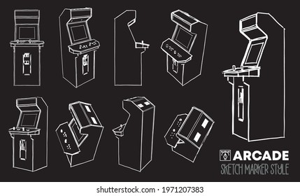 Set of arcade machine views. Marker effect drawings. Editable colored silhouettes. For your designs. T-shirts, posters, flyers, web. Premium vector.