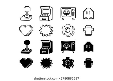 Set of arcade and retro gaming outline icon set. Video game interface pixel silhouette symbol collection. Joystick, Arcade machine, Ghost, Heart, Settings elements
