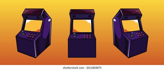 Set of arcade video game machines in cartoon style, vector graphics with 80s retro vintage vibes 