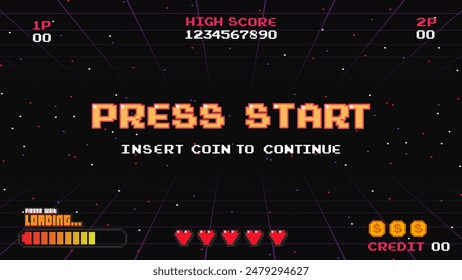 Set of arcade.pixel art .8 bit game.retro game. for game assets in vector illustrations.Retro Futurism Sci-Fi Background. glowing neon grid.and stars from vintage arcade comp