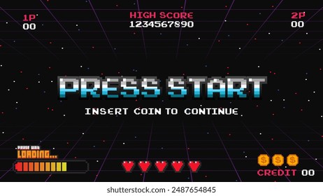 Juego de arcade.pixel art .8 bit game.retro game. para los activos del juego en Ilustraciones vectoriales.Retro Futurism Sci-Fi Background. brillante cuadrícula de neón.y estrellas de la Muestra gratis arcade vintage	