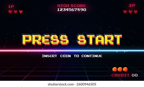 	
Set of arcade.pixel art .8 bit game.retro game. for game assets in vector illustrations.Retro Futurism Sci-Fi Background. glowing neon grid.and stars from vintage arcade comp	