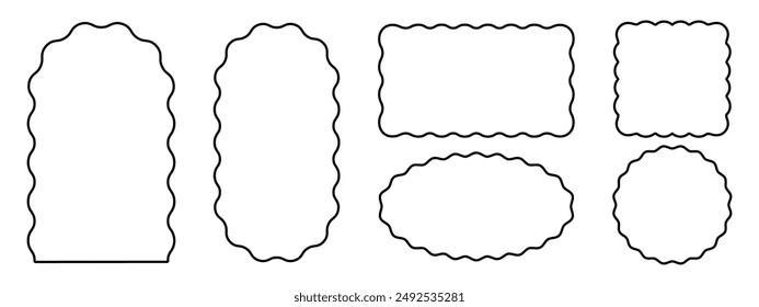 Set of arch and double arc, rectangle and square, oval and circle frames with wavy edges. Simple geometric forms with wiggly borders. Empty boxes, tags or labels. Vector graphic illustration.