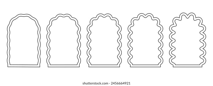 Set of arch frames with wavy borders edges. Archway shapes with curved edges. Wiggly vignettes or mirrors, portals or doors, empty text boxes isolated on white background. Vector graphic illustration.