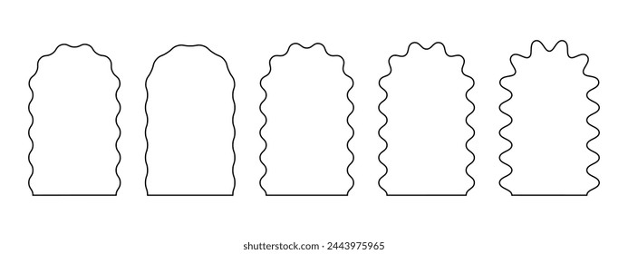 Set of arch frames with wavy edges. Archway shapes with undulated borders. Wiggly portals or doors, empty mirrors or text boxes, tags or labels isolated on white background. Vector illustration.