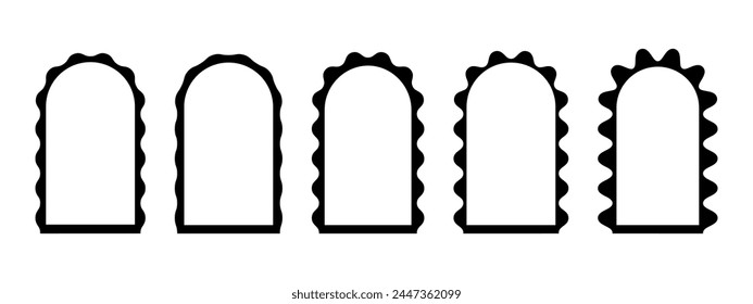 Set of arch frames with wiggly edges. Archway shapes with scallop borders. Wavy vignettes or mirrors, portals or doors, empty text boxes isolated on white background. Vector graphic illustration.