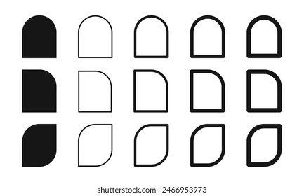 Conjunto de Formas y marcos de arco, semiarco y hoja. Plantillas de invitación o tarjetas de felicitación, folletos de negocios, Anuncios de eventos en estilo art deco aislados sobre fondo blanco. Ilustración vectorial.