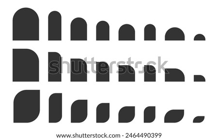 Set of arch, semiarch and leaf shapes. Elegant templates for wedding invitation or greeting cards, business brochures, event or party banners isolated on white background. Vector graphic illustration.