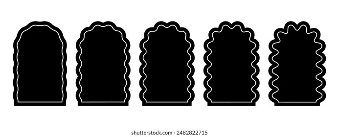 Set of arch shapes with wavy borders. Curvy archway forms with curvy edges. Windows or mirrors, portals or gates, empty text boxes isolated on white background. Vector graphic illustration.