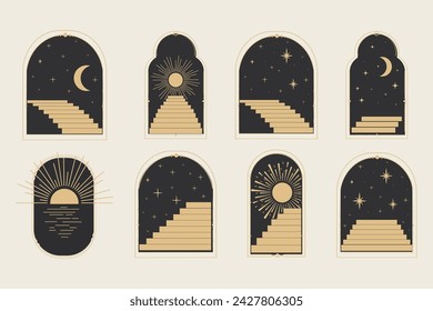 Set arch window line frame celestial, mystic with staircase, astrology symbols moon and sun, line border, minimal tattoo isolated. Esoteric spiritual icon.