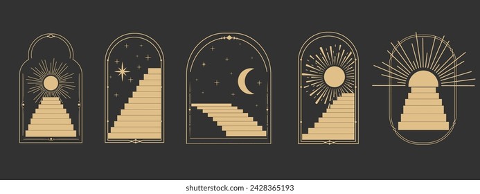 Set arch window line frame celestial, mystic with staircase, astrology symbols moon and sun, line border, minimal tattoo isolated. Esoteric spiritual icon.