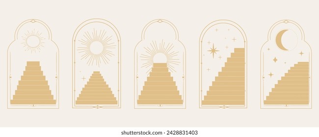 Set arch window line frame astrology celestial, mystic with stairs, spiritual symbols moon and sun, line border, minimal tattoo isolated. Esoteric spiritual icon.