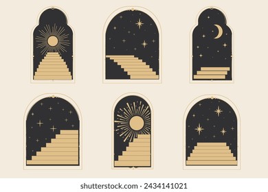 Set arch window line frame celestial, mystic with staircase, astrology symbols moon and sun, line border, minimal tattoo isolated. Esoteric spiritual icon.