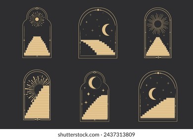 Set arch window line frame celestial, mystic with staircase, astrology symbols moon and sun, line border, minimal tattoo isolated. Esoteric spiritual icon.