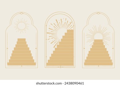 Set arch window line frame celestial, mystic with staircase, astrology symbols moon and sun, line border, minimal tattoo isolated. Esoteric spiritual icon.