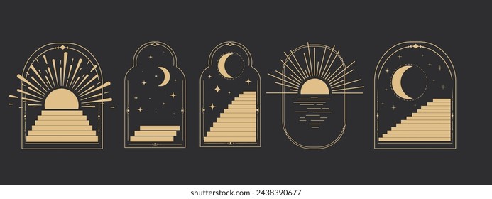 Set arch window line frame celestial, mystic with staircase, astrology symbols moon and sun, line border, minimal tattoo isolated. Esoteric spiritual icon.