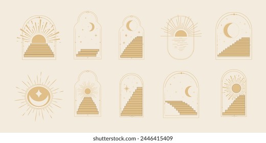 Set arch window thin line frame celestial, mystic with staircase, astrology symbols moon and sun, line border, minimal tattoo isolated. Esoteric spiritual icon.