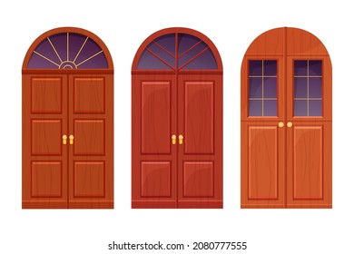 Set arch wooden door, front entrance with window, textured in cartoon style isolate on white background. Ui game asset, medieval decoration