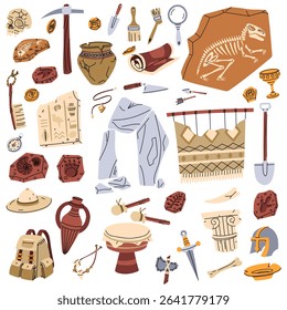 set of archaeological objects, flat color style. collection of historical finds in color. It is suitable for educational projects, infographics, books, presentations and design on historical topics.