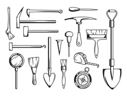 Set Of Archaeological Tools. Collection Of Items For Excavation Of Ancient Fossils, Artifacts. Vector Illustration For The Museum.