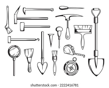 Set of archaeological tools. Collection of items for excavation of ancient fossils, artifacts. Vector illustration for the museum.