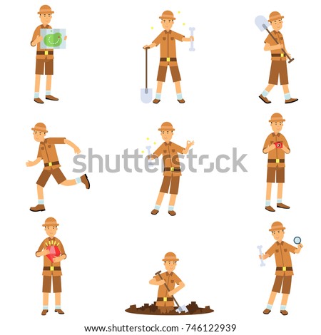 Set of archaeologist character actions