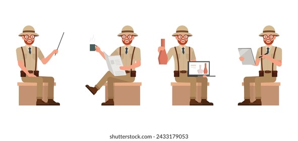 Set of Archaeologist man wear brown suit character vector illustration design. Presentation in various action.