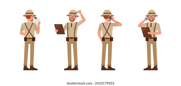 Set of Archaeologist man wear brown suit character vector illustration design. Presentation in various action.